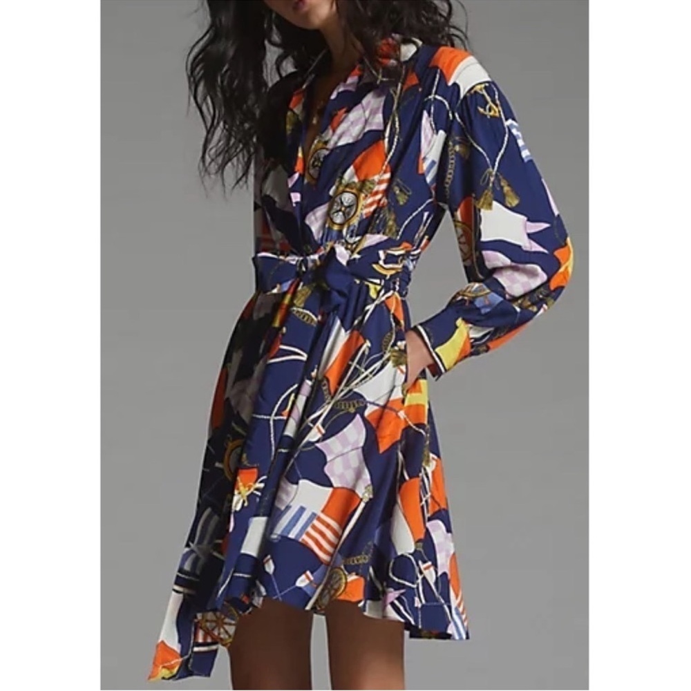 Anthropologie Maeve Nautical Mini Shirtdress in Navy Blue Flag Sail S